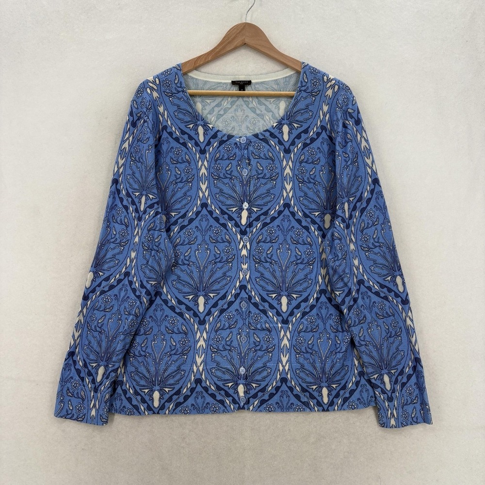 Talbots Cardigan Sweater Womens 2X Blue Cotton Rayon Scoop Neck Floral Knit Plus